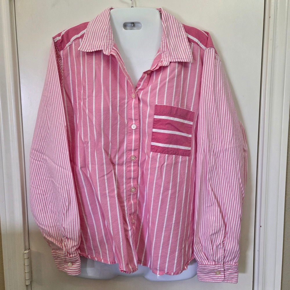 LOFT Pink White Mixed Stripe Button Down Shirt Long Sleeve Cotton Modal Size M
